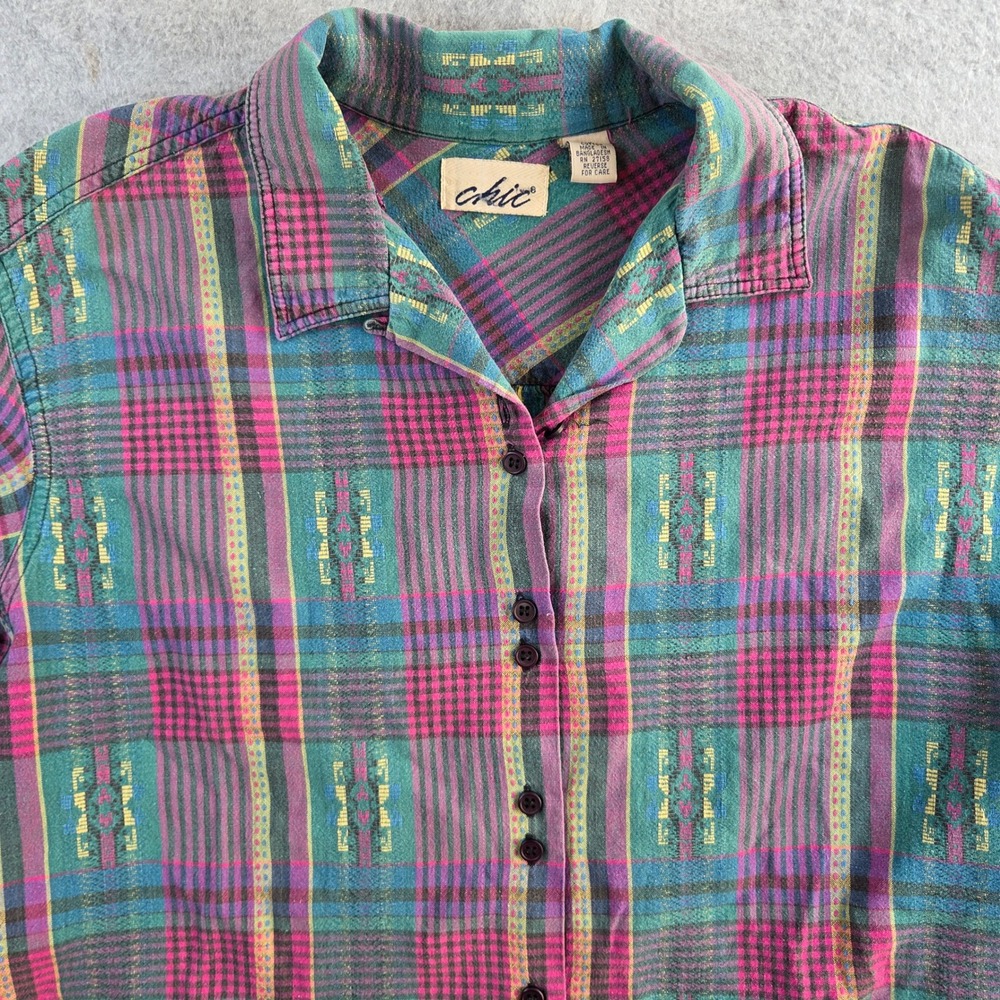 Chic Button Down Shirt Womens Medium Multicolor Plaid Vintage Geometric Cotton